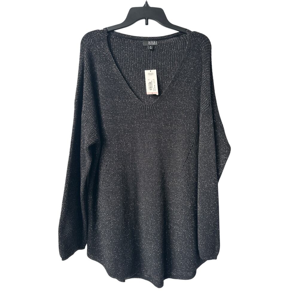 A.n.a Black Gold Lurex Sweater Top V Neck Long Sleeves Women’s Plus Size 2X